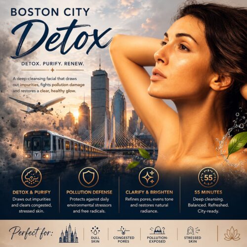 Boston City Detox Facial featuring a professional detoxifying facial treatment against the Boston skyline, symbolizing protection from pollution, environmental stressors, congested pores, and urban skin damage.