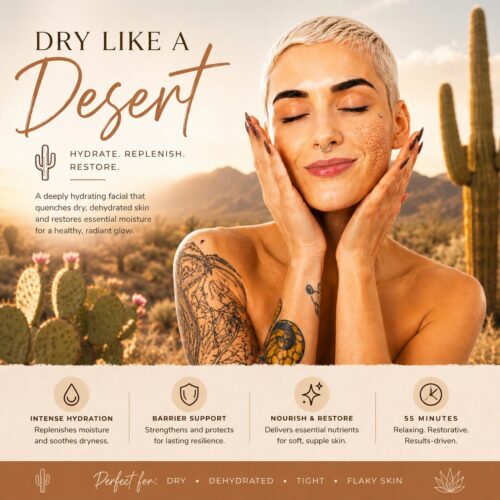 Hydrating facial treatment in a dry desert landscape symbolizing moisture replenishment, skin barrier support, and relief for dry, dehydrated skin.