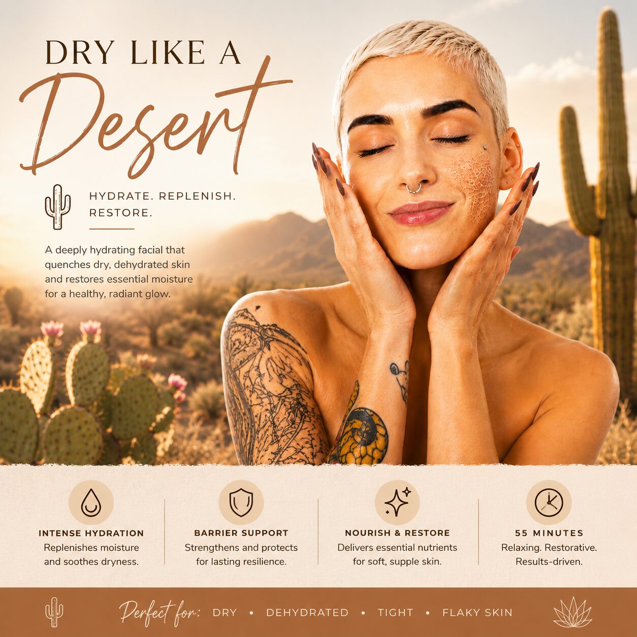 Hydrating facial treatment in a dry desert landscape symbolizing moisture replenishment, skin barrier support, and relief for dry, dehydrated skin.