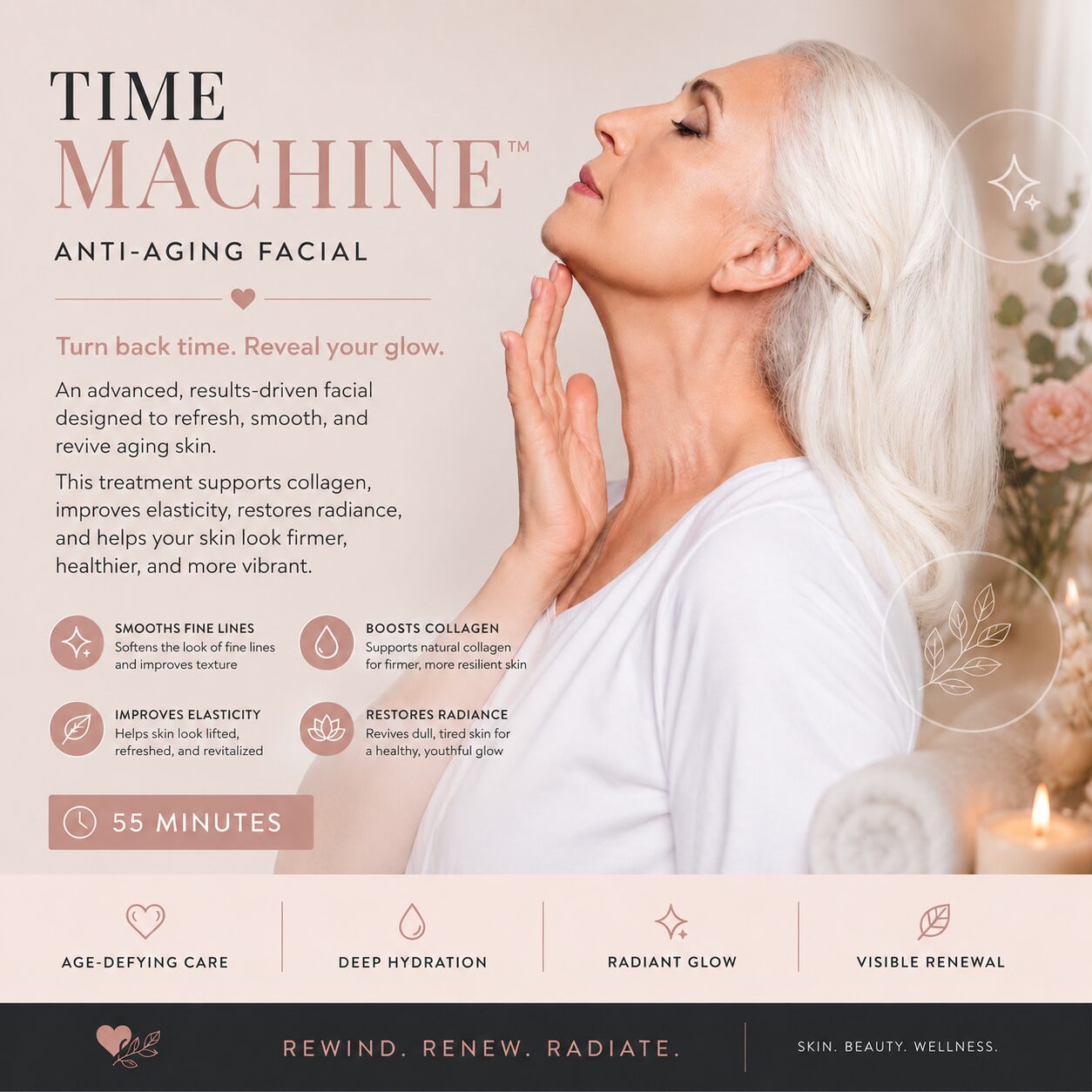 Time Machine Anti-Aging Facial in Boston and Winthrop MA. Customized 55-minute facial designed to smooth fine lines, improve elasticity, support collagen production, firm aging skin, and restore a youthful glow.