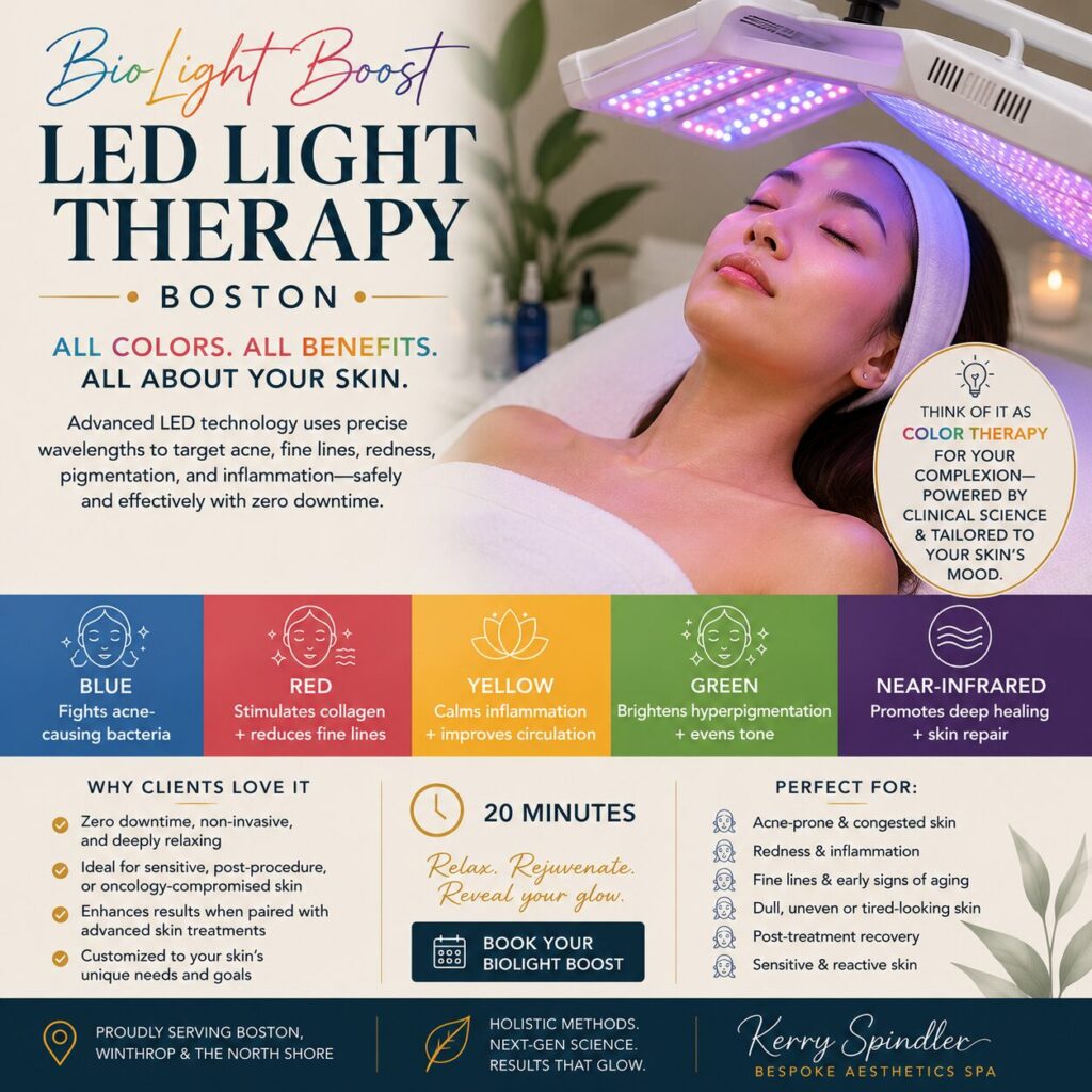 LED Light Therapy Facial at Kerry Spindler Bespoke Aesthetics Spa in Winthrop, MA — customized blue, red, and near-infrared light treatment for acne, redness, and collagen support, serving Boston and the North Shore