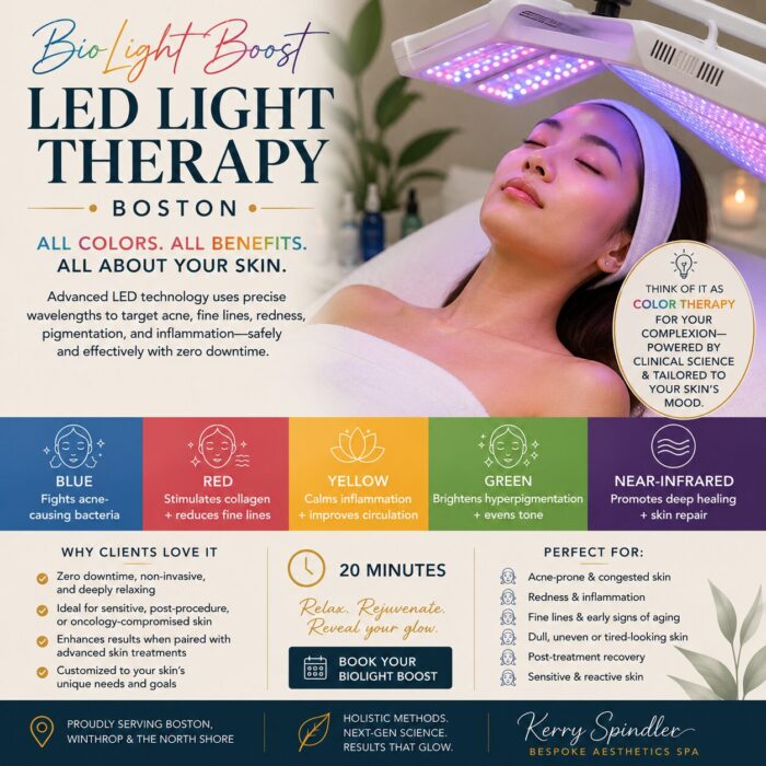 LED Light Therapy Facial at Kerry Spindler Bespoke Aesthetics Spa in Winthrop, MA — customized blue, red, and near-infrared light treatment for acne, redness, and collagen support, serving Boston and the North Shore