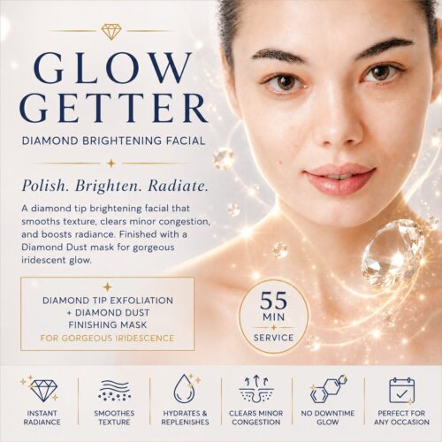 Glow Getter Diamond Brightening Facial in Boston featuring diamond tip exfoliation and a Diamond Dust finishing mask to brighten dull skin, smooth texture, boost radiance, and create a luminous healthy glow.