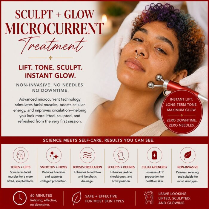 Sculpt + Glow Microcurrent Treatment service image featuring a non-binary-presenting client receiving a microcurrent facial treatment, with red and multi-color accents highlighting lifting, toning, facial sculpting, cellular energy, circulation support, and no downtime.