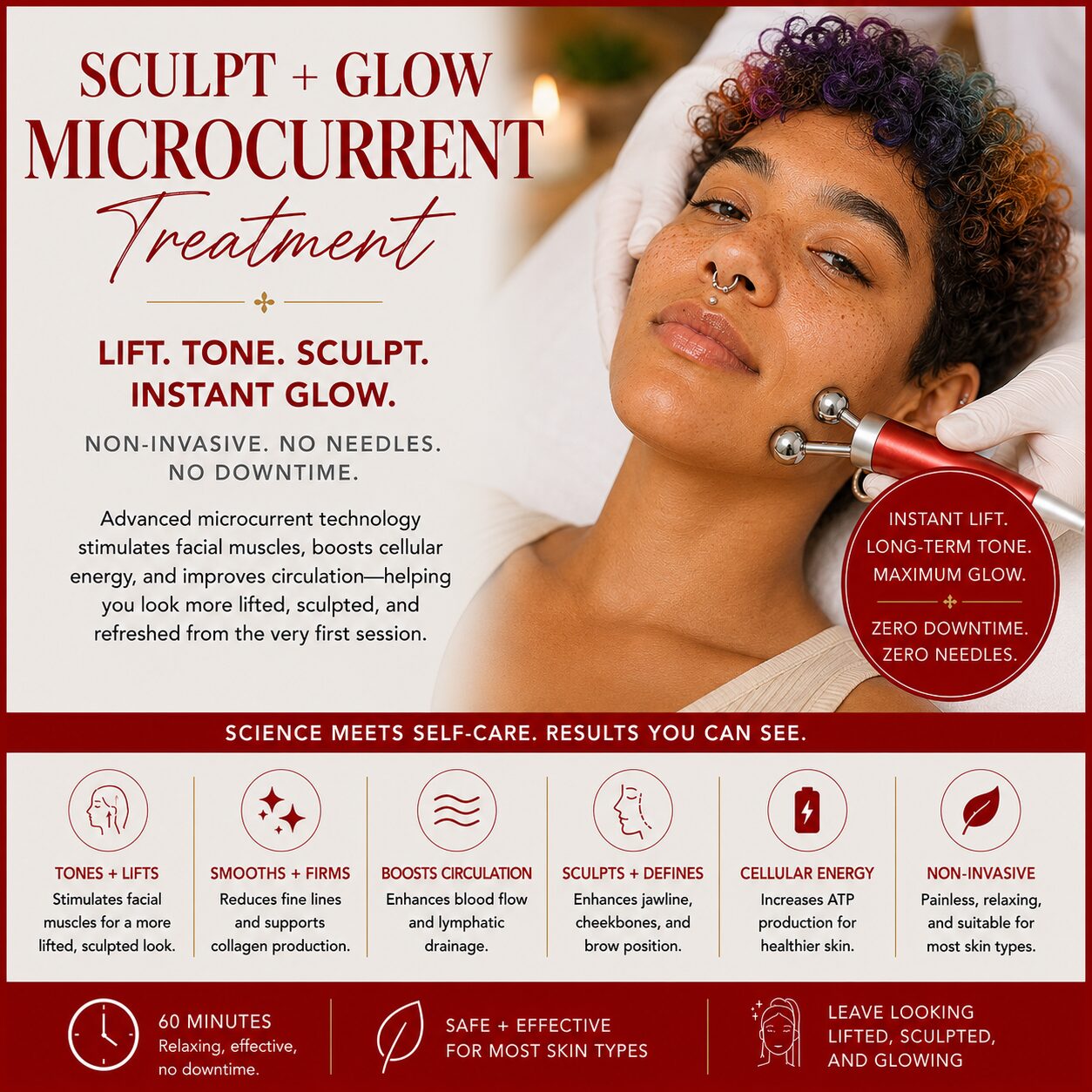 Sculpt + Glow Microcurrent Treatment service image featuring a non-binary-presenting client receiving a microcurrent facial treatment, with red and multi-color accents highlighting lifting, toning, facial sculpting, cellular energy, circulation support, and no downtime.