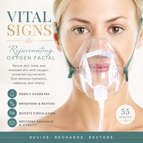 Vital Signs Rejuvenating Oxygen Facial at Kerry Spindler Bespoke Aesthetics featuring a woman receiving oxygen therapy through a clear oxygen mask. This 55-minute oxygen facial helps revive dull, tired, dehydrated skin while restoring hydration, radiance, circulation, and healthy skin vitality for a refreshed, glowing complexion.