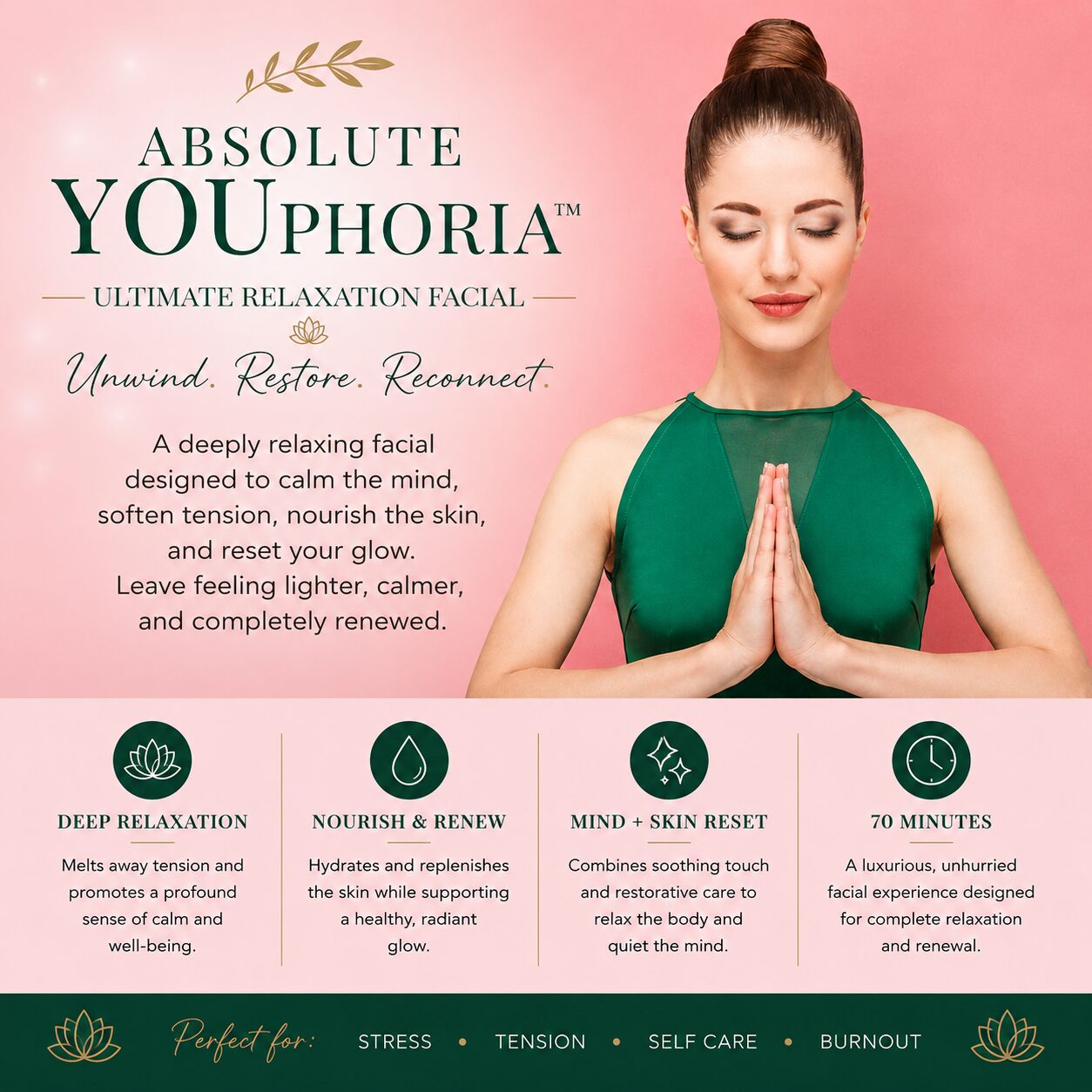 Absolute YOUphoria Ultimate Relaxation Facial at Kerry Spindler Bespoke Aesthetics featuring a serene woman in a meditation pose, highlighting stress relief, skin nourishment, deep relaxation, and complete mind-body renewal through a luxury facial experience in Boston.