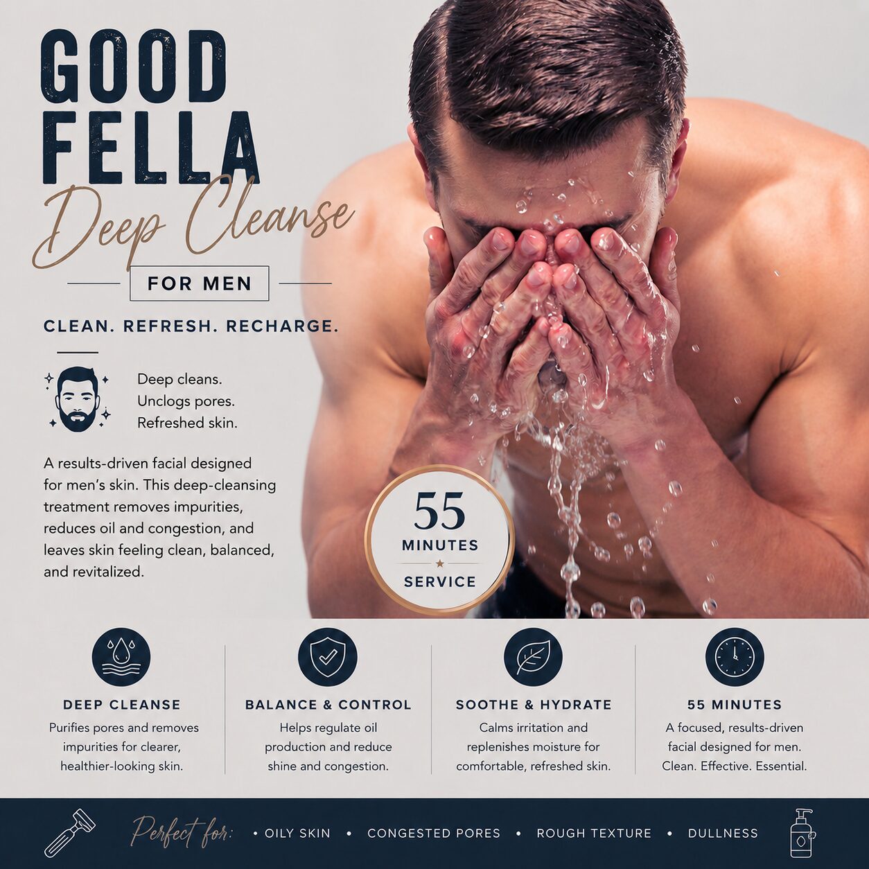 GoodFella Men’s Deep Cleansing Facial at Kerry Spindler Bespoke Aesthetics Spa in Winthrop, MA — pore-clearing and grooming treatment for men, serving Boston and the North Shore