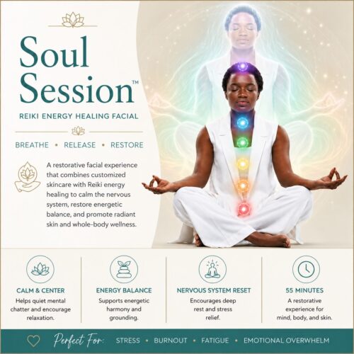 Soul Session Reiki Energy Healing Facial at Kerry Spindler Bespoke Aesthetics Spa in Boston, combining Reiki energy healing, chakra balancing, stress relief, relaxation, and customized skincare.