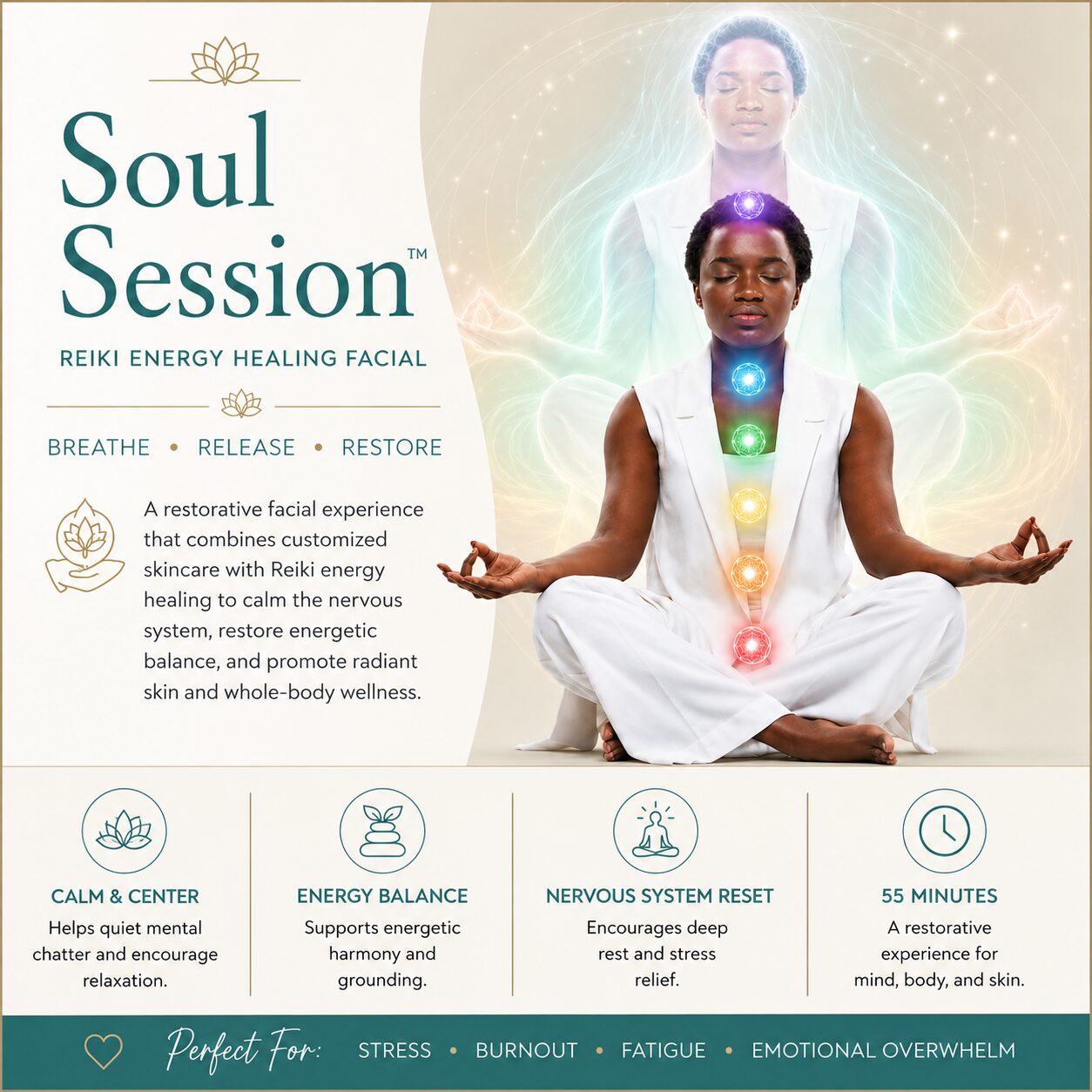 Soul Session Reiki Energy Healing Facial at Kerry Spindler Bespoke Aesthetics Spa in Boston, combining Reiki energy healing, chakra balancing, stress relief, relaxation, and customized skincare.