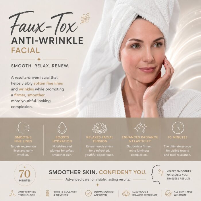 Faux-Tox™ Anti-Wrinkle Facial in Boston featuring advanced skin-smoothing treatments to reduce the appearance of fine lines and wrinkles, improve firmness, boost hydration, and restore radiant, youthful-looking skin.