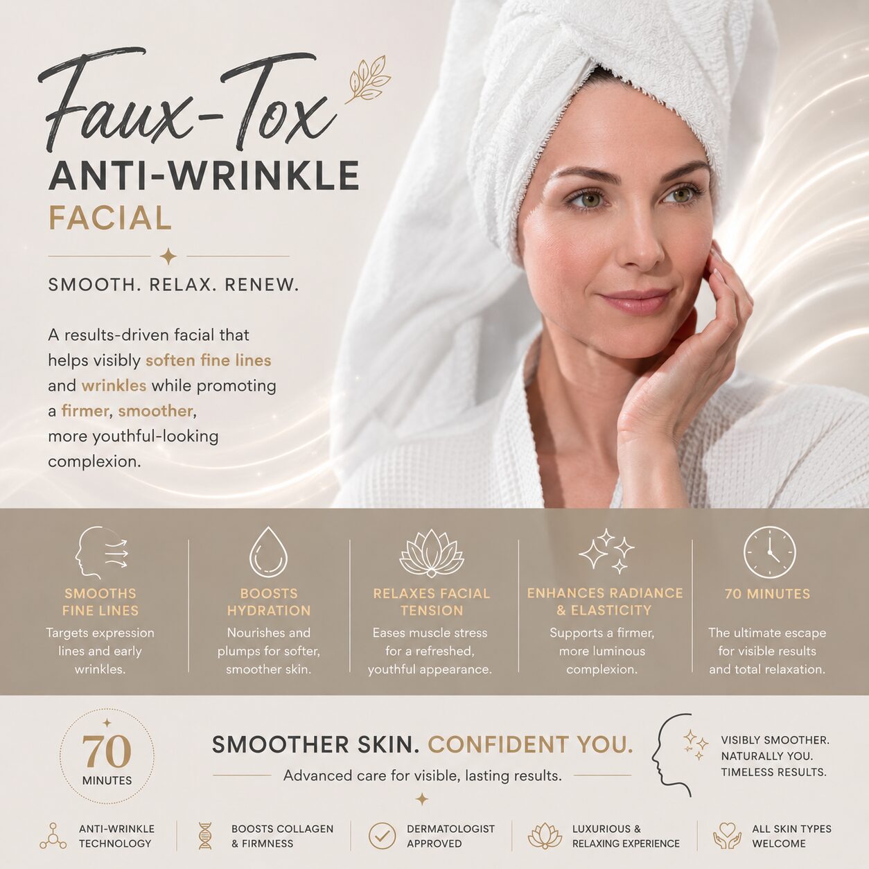 Faux-Tox™ Anti-Wrinkle Facial in Boston featuring advanced skin-smoothing treatments to reduce the appearance of fine lines and wrinkles, improve firmness, boost hydration, and restore radiant, youthful-looking skin.