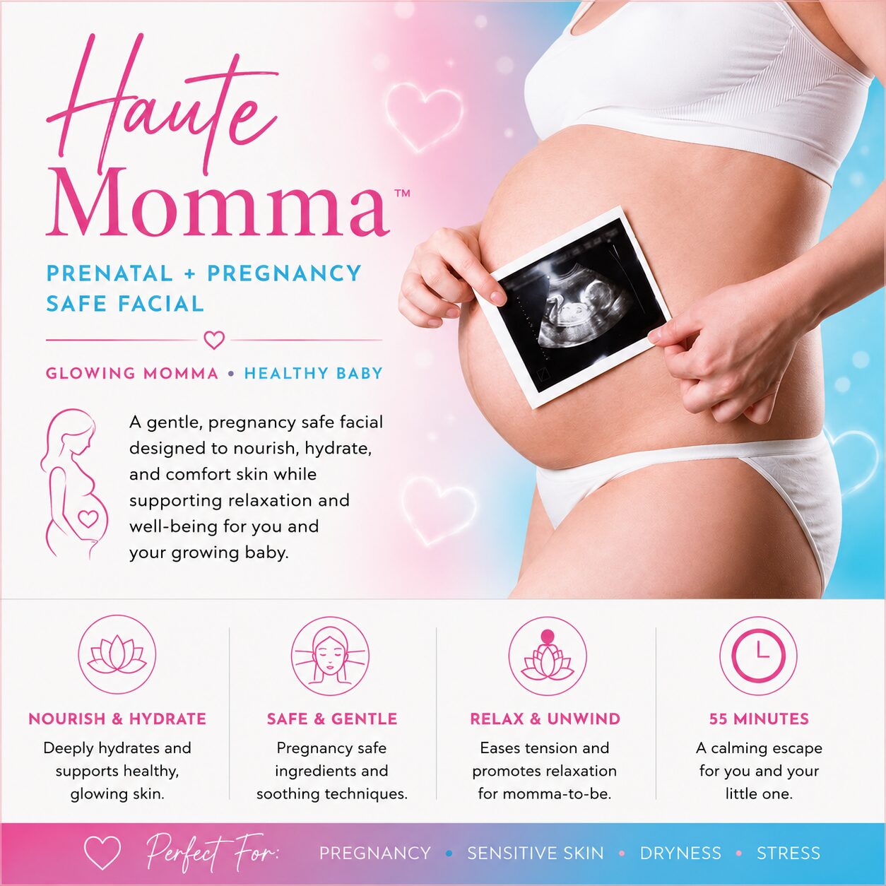 Pregnancy-safe facial in Boston for expecting and nursing mothers. Haute Momma prenatal facial helps calm hormonal skin changes, restore hydration, and maintain a healthy pregnancy glow.