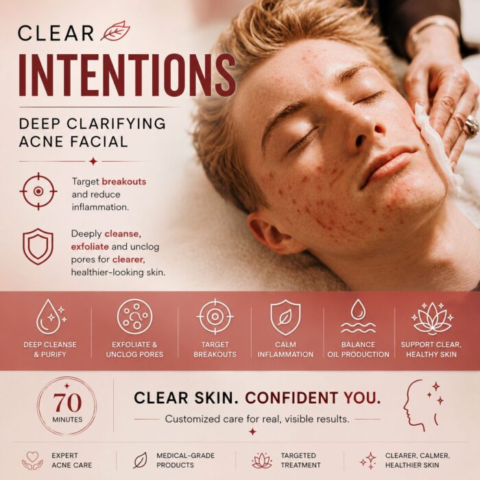 Clear Intentions Deep Clarifying Acne Facial in Boston for acne-prone skin, helping reduce congestion, excess oil, breakouts, and inflammation while supporting a clearer, healthier complexion.