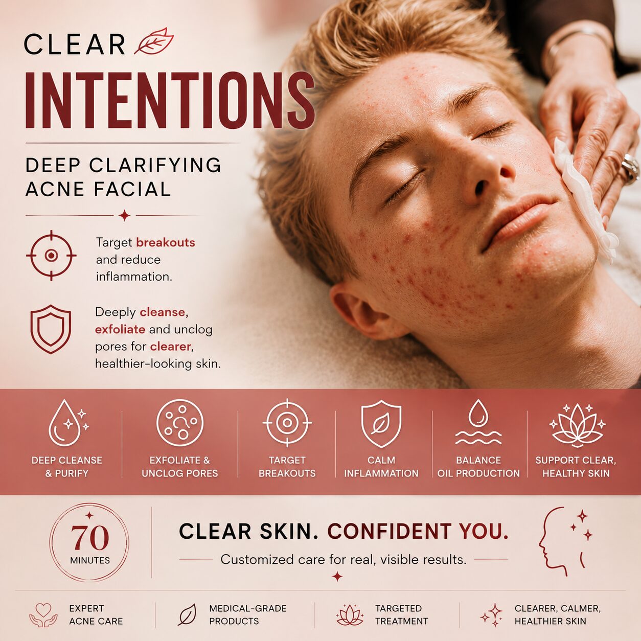 Clear Intentions Deep Clarifying Acne Facial in Boston for acne-prone skin, helping reduce congestion, excess oil, breakouts, and inflammation while supporting a clearer, healthier complexion.