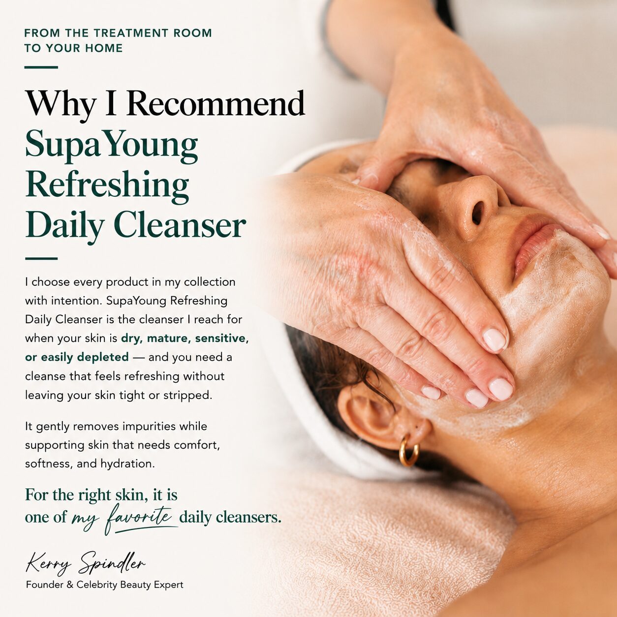 supayoung cleanser being applied on a client in kerrys treatment room