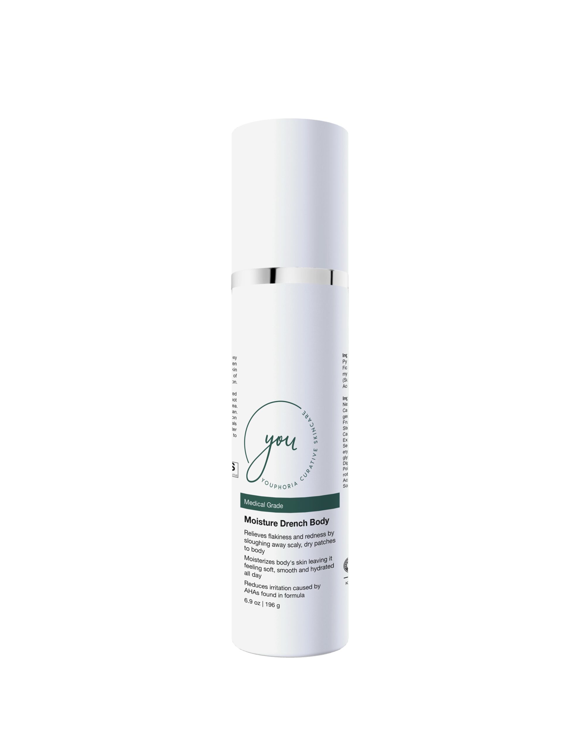 White bottle of body exfoliating moisturizer. Moisture drench body lotion