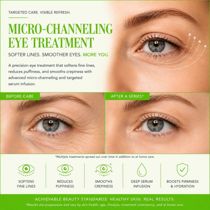Micro-channeling eye treatment graphic showing a natural before-care and after-a-series eye refresh, highlighting softer fine lines, reduced puffiness, smoother crepiness, serum infusion, and hydration support.