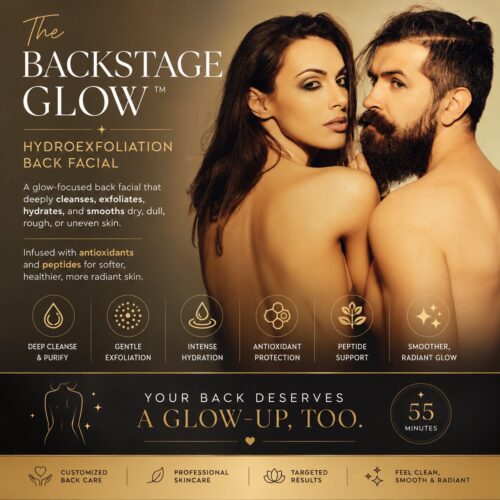 The Backstage Glow HydroExfoliation Back Facial featuring a couple with smooth, radiant skin, highlighting deep cleansing, gentle exfoliation, intense hydration, antioxidant protection, and peptide support for healthier-looking back skin.