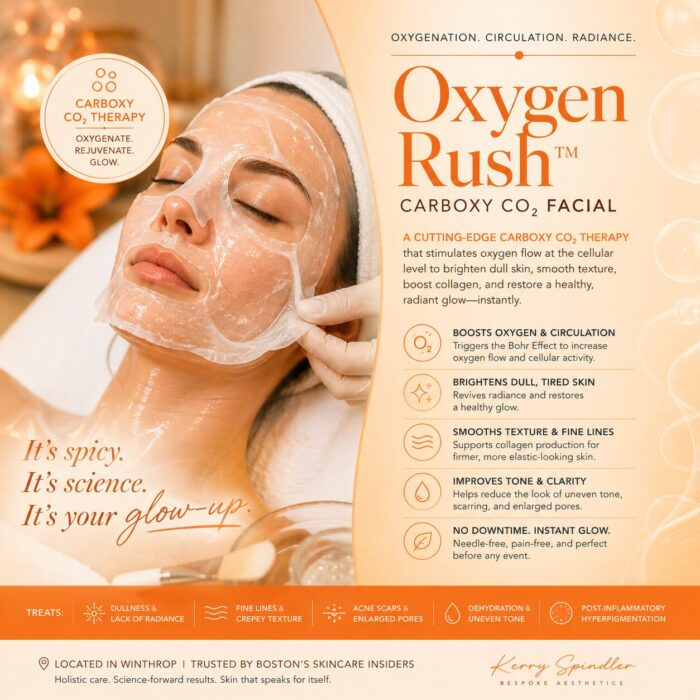 Oxygen Rush Carboxy CO₂ Facial with clear gel and sheet mask to boost oxygenation, brighten dull skin, smooth texture, support collagen, and restore a radiant glow.