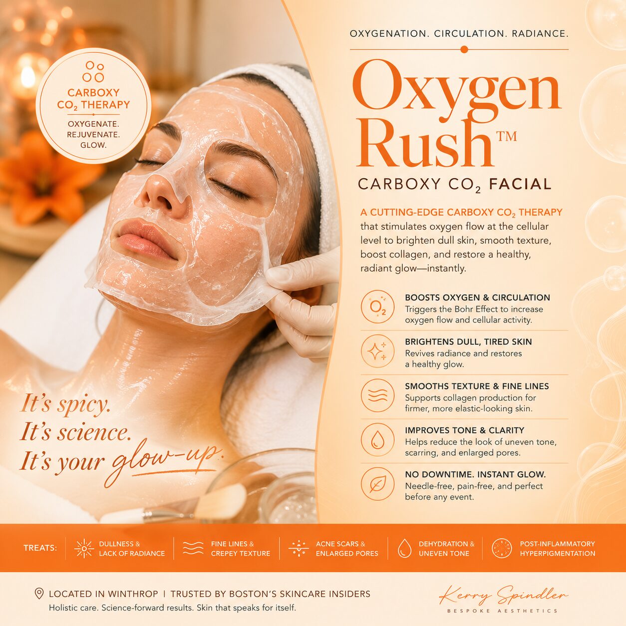 Oxygen Rush Carboxy CO₂ Facial with clear gel and sheet mask to boost oxygenation, brighten dull skin, smooth texture, support collagen, and restore a radiant glow.