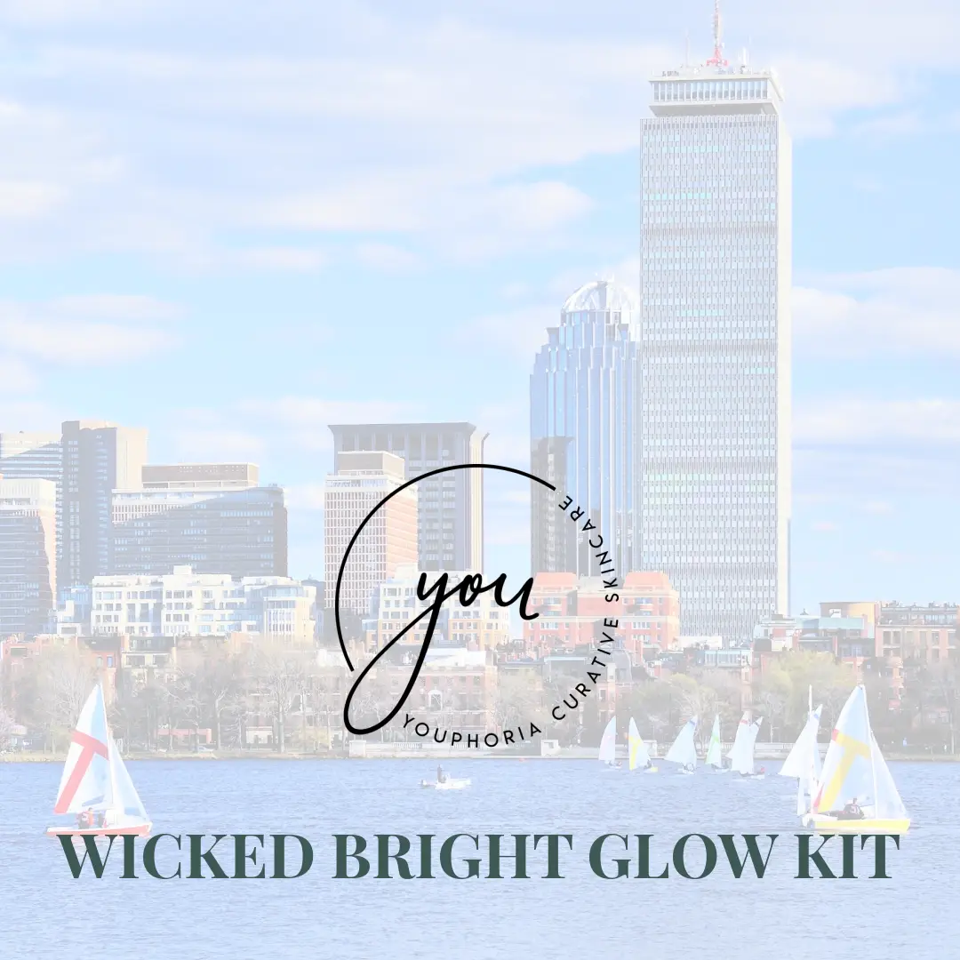Wicked Boston Glow Kit brightening skincare bundle with Boston city skyline background