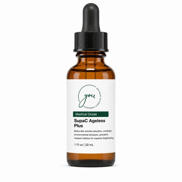 SupaC Ageless Plus serum bottle with vitamin C complex, designed for anti-aging, brightening, and melanin control, available at Kerry Spindler Bespoke Aesthetics Spa in Winthrop, MA
