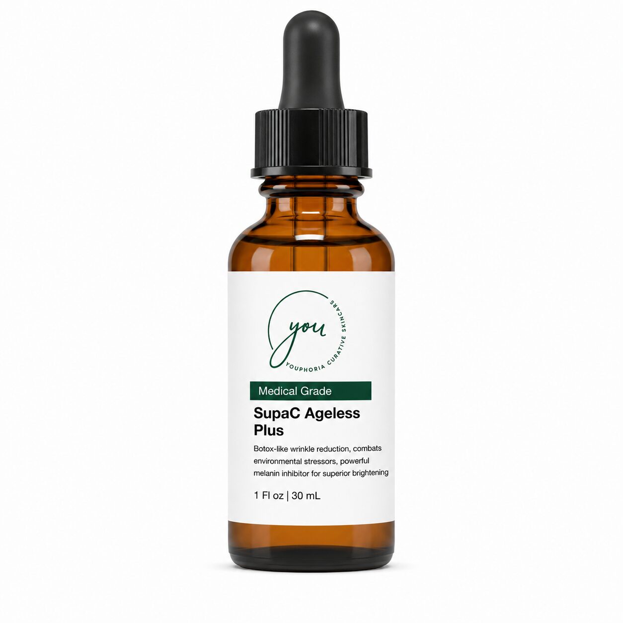 SupaC Ageless Plus serum bottle with vitamin C complex, designed for anti-aging, brightening, and melanin control, available at Kerry Spindler Bespoke Aesthetics Spa in Winthrop, MA