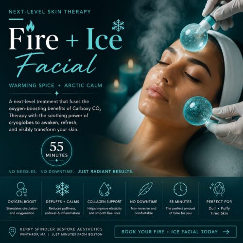 Fire + Ice Facial featuring Carboxy CO₂ Therapy and cooling cryoglobes to boost oxygenation, reduce puffiness, calm visible redness, and leave skin brighter, smoother, and refreshed.