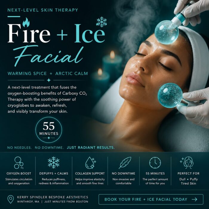 Fire + Ice Facial featuring Carboxy CO₂ Therapy and cooling cryoglobes to boost oxygenation, reduce puffiness, calm visible redness, and leave skin brighter, smoother, and refreshed.