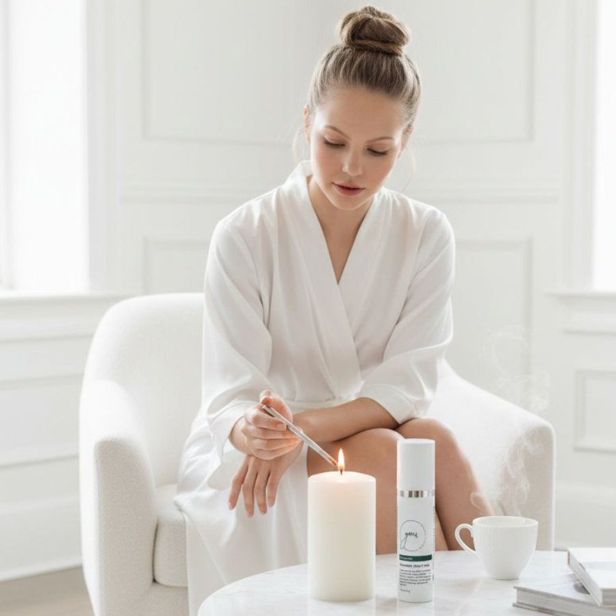 woman applying her Youphoria curative skincare products while relaxing